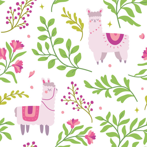 可爱的无缝图案与羊驼和花卉元素。矢量插图与卡通图画的印刷，织物，纺织品。图片下载