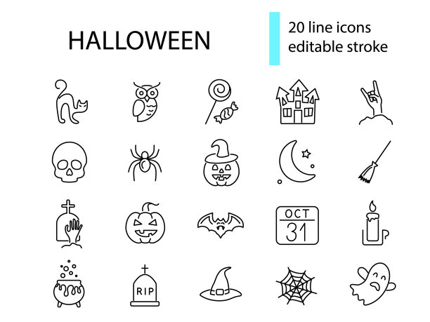 万圣节轮廓图标集合。女巫猫和幽灵。南瓜，月亮和墓碑。孤立矢量股票插图图片下载