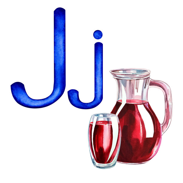 字母J的大写和小写与果汁的形象。水彩画，为字母图片下载