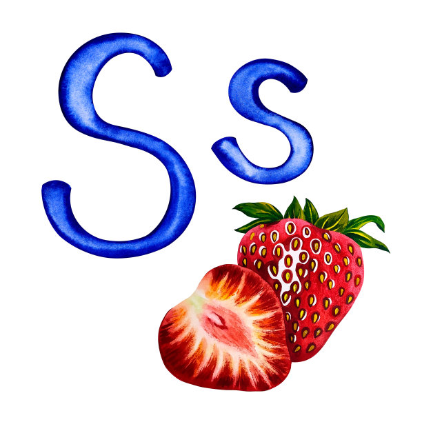 字母S是一个草莓的图像的大写和小写。水彩画，为字母图片下载