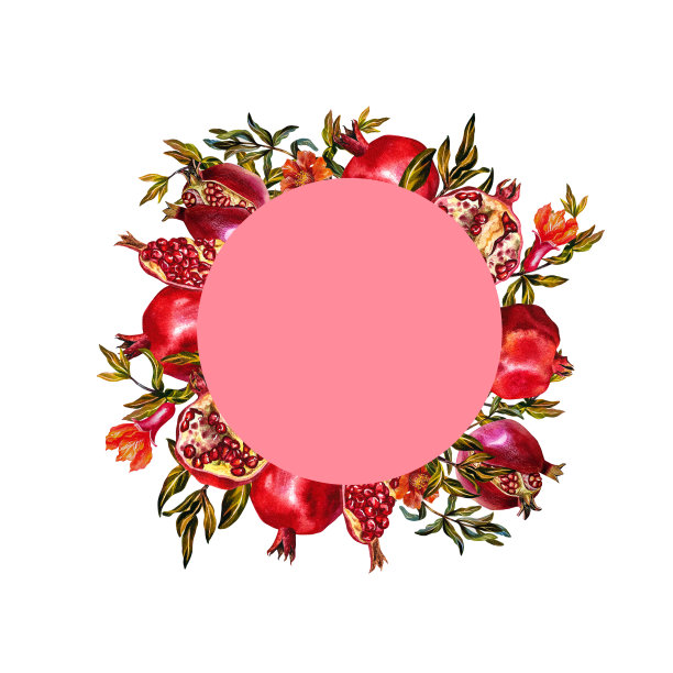 石榴。圆架的石榴果上有枝，裂开，石榴切，石榴开花。图片下载