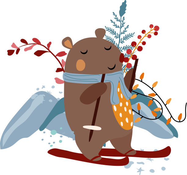 神奇的冬天，一只可爱的小熊正在山上滑雪。冬天的浆果，五颜六色的树叶和花环。斯堪的纳维亚的动物。完美的贺卡，海报，明信片，横幅。向量。图片下载