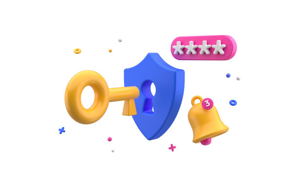 安全帐户授权受密码保护。盾与钥匙，铃声通知。3d渲染孤立的白色背景图片下载