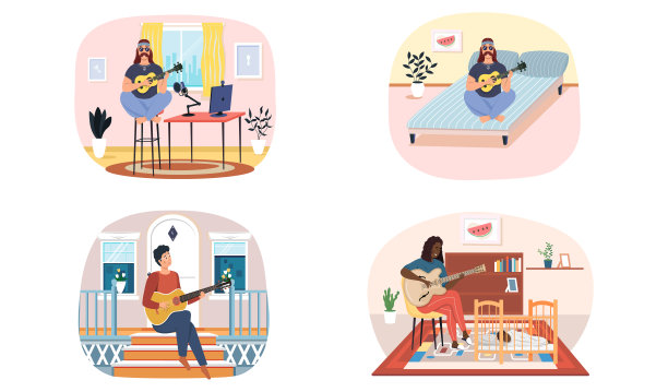 一组关于音乐家独自弹奏弦乐器的插图。人们弹吉他，听音乐图片下载