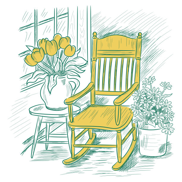 窗边的扶手椅和美丽的花朵图片下载