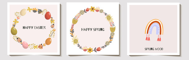 一套可爱的方形，春天，复活节背景，卡片，鸡蛋，鲜花，花环，彩虹，春天大减价，复活节邀请。图片下载