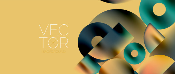 几何抽象全景壁纸背景。圆形与圆形、金属色几何形状组成图片下载