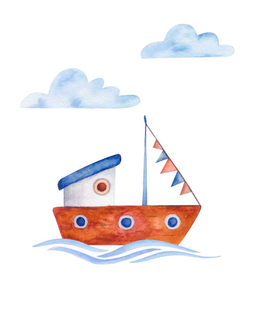 水彩卡与复古渔船。任何目的的伟大设计。卡通风格的插图。孤立的背景。图片下载