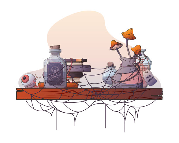 矢量插图的架子与女巫瓶，眼球，毒药，蘑菇，书与蜘蛛网。图片下载