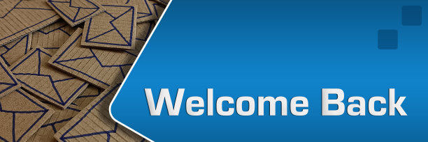 欢迎回来信封纸板画蓝圆方水平图片下载