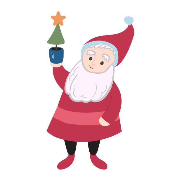圣诞老人侏儒拿着一个锅与装饰圣诞树插图卡通风格图片下载