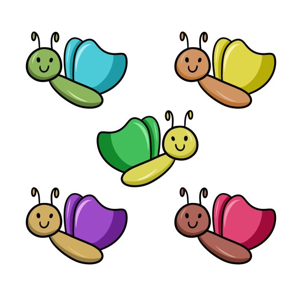 一套彩色图标，可爱的小蝴蝶与翅膀，矢量图片下载