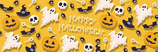 矢量万圣节水平旗帜与糖果，幽灵，蝙蝠，头骨，万圣节南瓜，女巫帽子，字母。用于活动邀请、折扣券、广告、贺卡、标志、包装、纺织品、网页图片下载