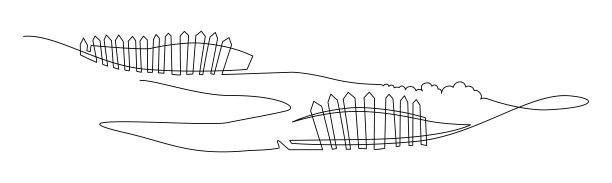 与田地接壤的古老的弯曲的尖桩篱笆。景观。连续的线条画。矢量插图。图片下载