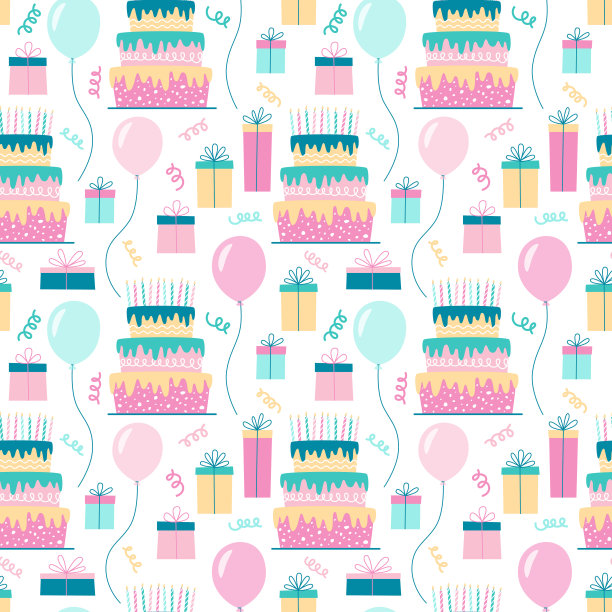 彩色无缝图案的生日蛋糕和蜡烛，气球和礼物盒图片下载