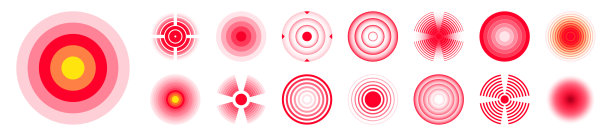 疼痛定位标志。痛的地方，痛的地方。红圈,目标。头痛，身体部位擦伤。背部，颈部，肌肉疼痛的象征。医疗广告，医疗信息。矢量插图。图片下载