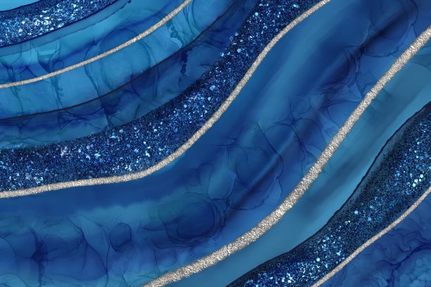 酒精水墨艺术抽象背景。金色闪光线玛瑙风格的蓝色曲线。优雅的跛腿旋涡图片下载