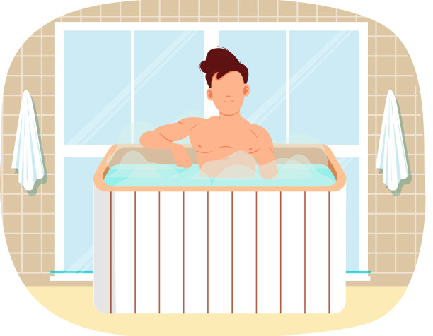 男人坐在热水里，在家里蒸桑拿放松。男孩在空闲时间洗澡和休息图片下载