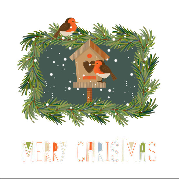 斯堪的纳维亚风格的贺卡，有两只小鸟，筑巢盒，圣诞树的树枝和装饰字母图片下载