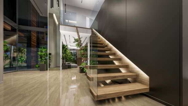 现代舒适的室内3d渲染，有客厅，餐厅，楼梯和厨房图片下载