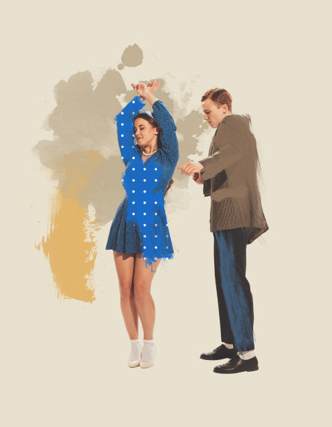 当代艺术拼贴。漂亮的年轻情侣在派对上跳舞。柔和的艺术品。60年代的时尚风格图片下载