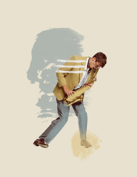 当代艺术拼贴。穿黄夹克的年轻人在吹萨克斯。柔和的艺术。富有表现力的性能图片下载