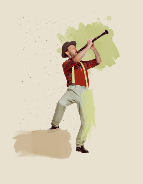 当代艺术拼贴。穿着格子衬衫，演奏单簧管的富有表现力的男人。柔和的图纸。活表演者图片下载