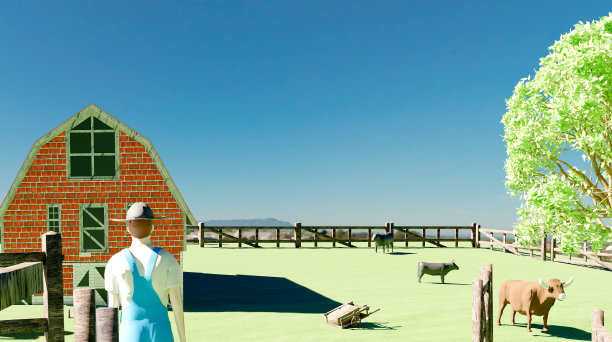家畜农民在他的农场做他的日常家务，照顾和检查他的牛，马，公牛等。农业生活方式和畜牧业经营的概念。插图3 d。图片下载