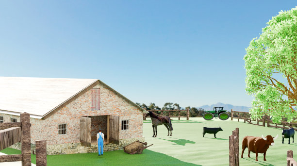 家畜农民在他的农场做他的日常家务，照顾和检查他的牛，马，公牛等。农业生活方式和畜牧业经营的概念。插图3 d。图片下载