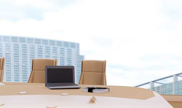 会议办公室内部，笔记本电脑，记事本和笔。商业和技术概念。3 d演示。图片下载