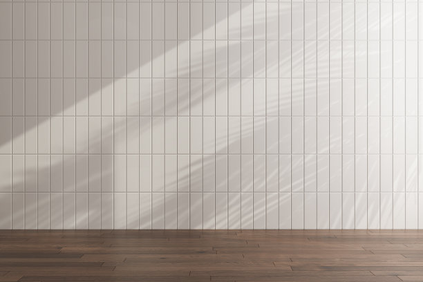 房间透视，白色瓷砖墙和木地板，图片下载