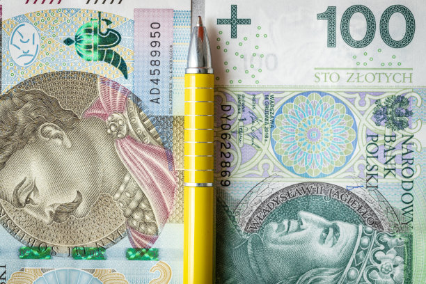 波兰的金融结算，概念，一摞一摞的100和500波兰兹罗提纸币，中间是一支黄色的笔，波兰的税收，特写，俯视图图片下载