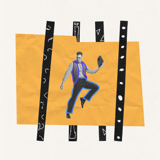 当代艺术拼贴。时髦粗暴的年轻人穿着古典西装，戴着帽子跳舞，表演。绘制元素图片下载