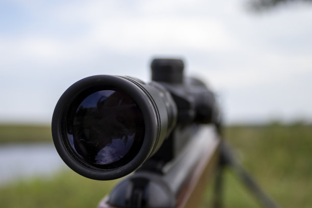 特写枪。狩猎的专业设备。猎人把双筒望远镜、步枪放在森林的草地上图片下载