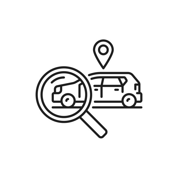 汽车与位置标记和放大镜搜索图标图片下载