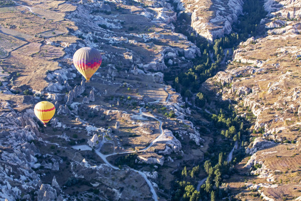 清晨从高空俯瞰戈雷梅山谷的热气球飞行图片下载