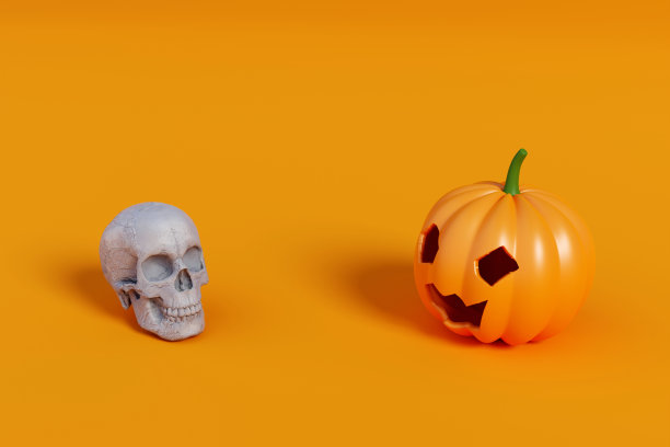 万圣节南瓜和白色骷髅头面对面地放在橙色的背景上。三维演示图片下载
