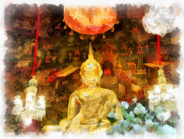 卧龙寺泰国古建筑在曼谷水彩风格插图印象派绘画。图片下载