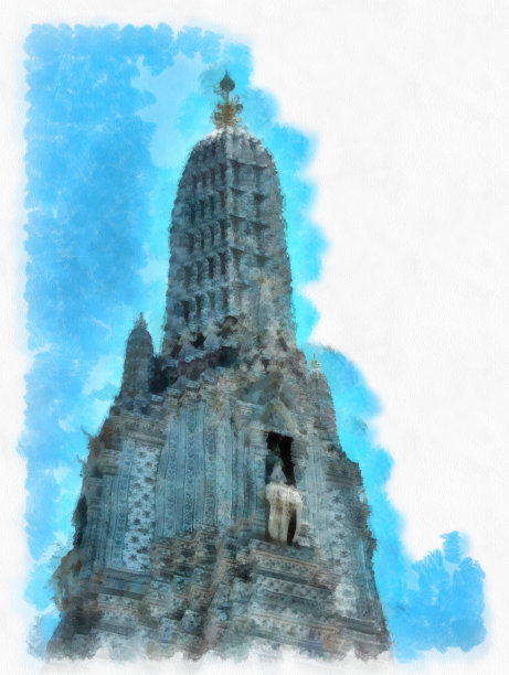 卧龙寺泰国古建筑在曼谷水彩风格插图印象派绘画。图片下载