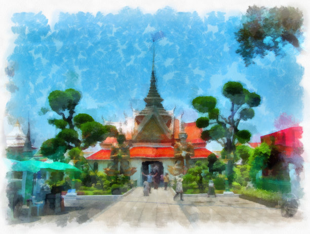 卧龙寺泰国古建筑在曼谷水彩风格插图印象派绘画。图片下载