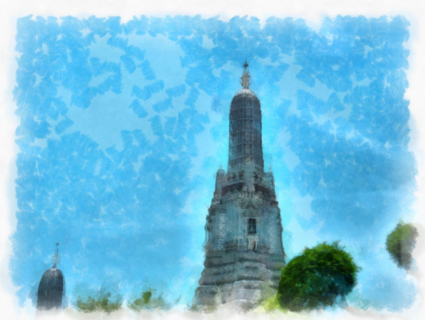 卧龙寺泰国古建筑在曼谷水彩风格插图印象派绘画。图片下载