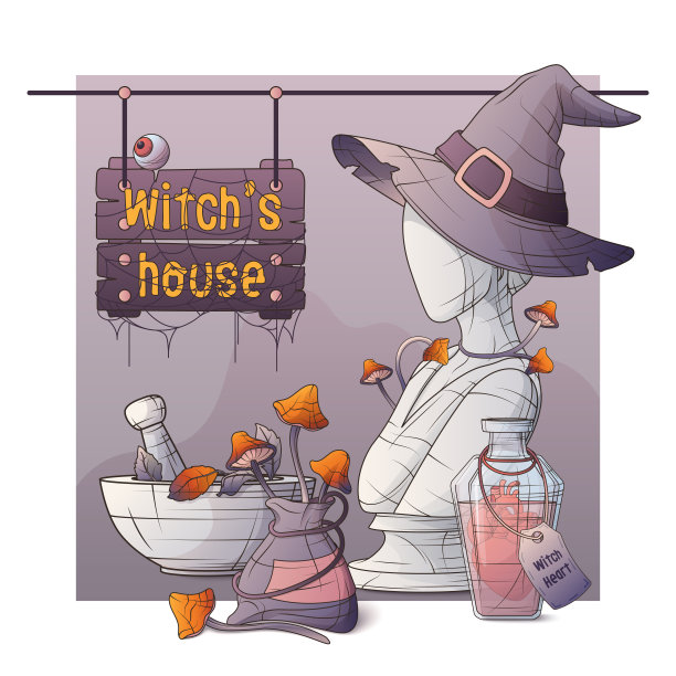 巫术元素的矢量插图。有解剖心脏的瓶子，研钵和杵，女巫帽，蘑菇。图片下载