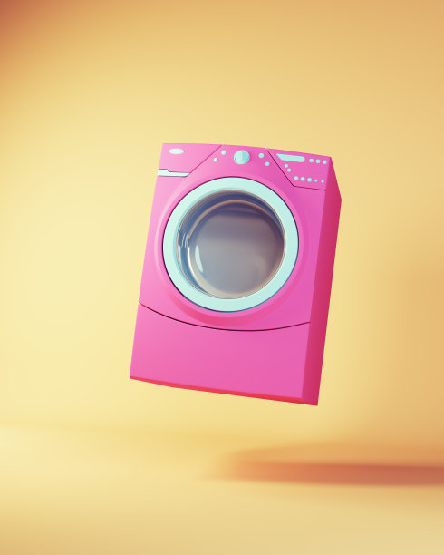 粉色蓝色浮动跳跃洗衣机家用洗衣机日本80年代风格，黄色米色背景图片下载