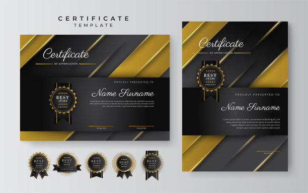 黑色和金色的成就证书模板，金色徽章和边框图片下载