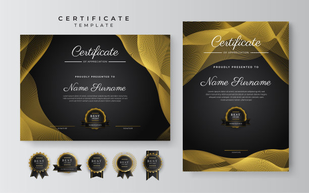 黑色和金色的成就证书模板，金色徽章和边框图片下载