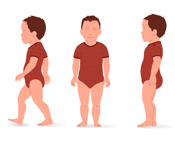 白种人儿童，站立和行走，等距视图，全身。等距矢量插图。图片下载