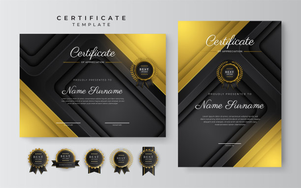 黑色和金色的成就证书模板，金色徽章和边框图片下载