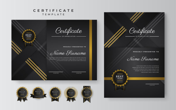 黑色和金色的成就证书模板，金色徽章和边框图片下载