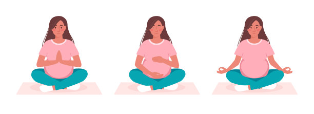 孕妇正在做瑜伽。这个女孩以不同的姿势坐着，体式。pregncy活跃。Siddhasana virasana,莲花。平面风格的矢量插图，孤立的背景。图片下载