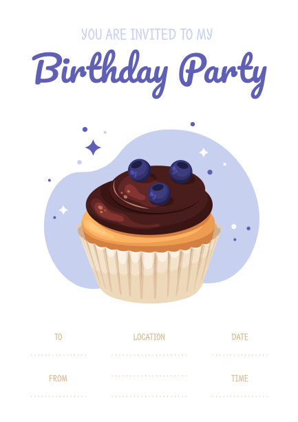 生日邀请模板。蓝莓纸杯蛋糕的插图。图片下载